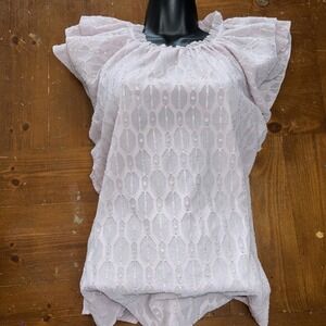 LOFT purple Semi Sheer Shimmer Flutter Sleeve Blouse M Womens Preppy Coquet